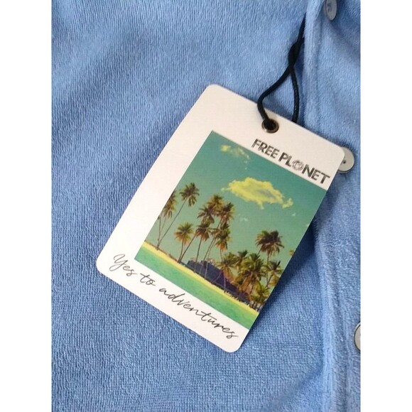 FREE PLANET Men's Terrycloth Blue Button Down Short Sleeve Shirt  NWT - Picture 5 of 10